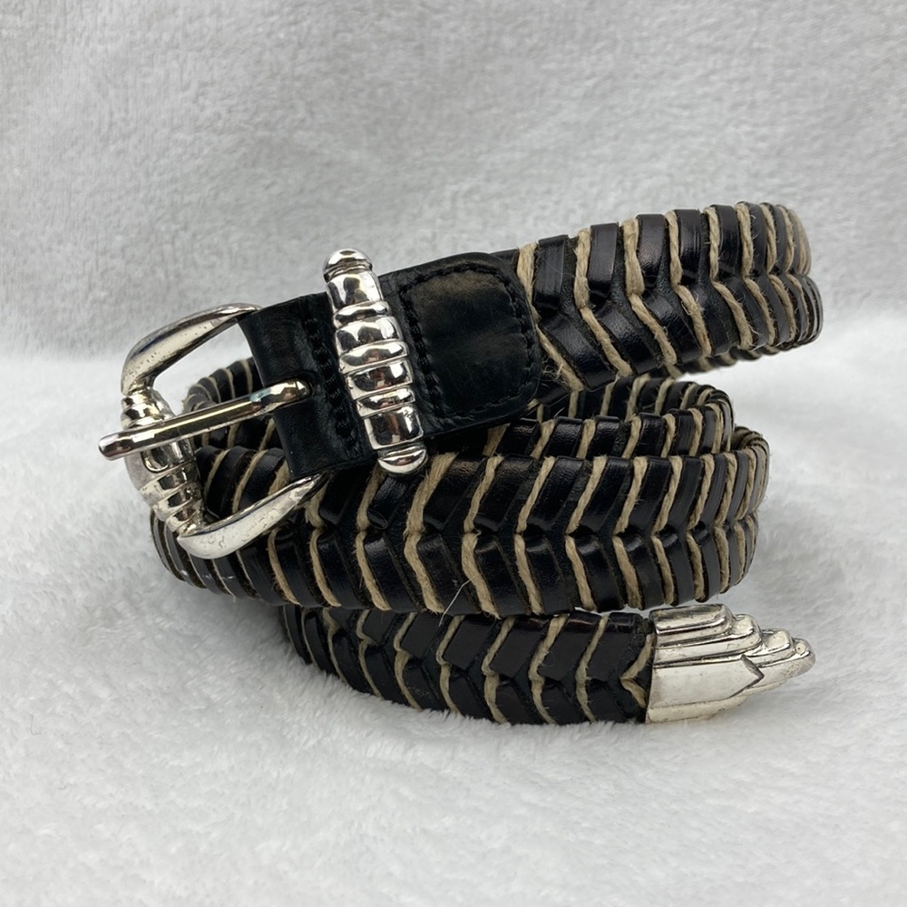 Tommy Bahama Hand Laced Woven Leather Belt Silver Buckle sz 42 VTG